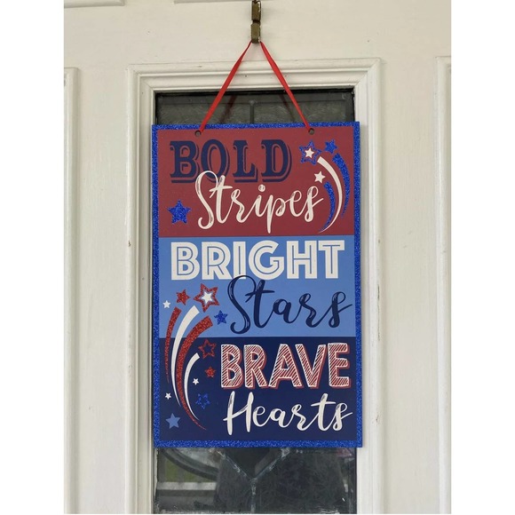 Bold Stripes Bright Stars Brave Hearts Red White Blue Patriotic Sign Wall - Picture 1 of 1